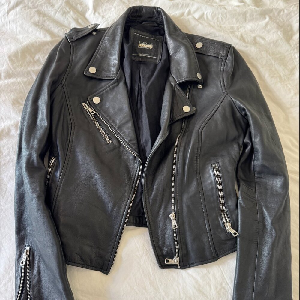 Zara Black Leather Moto Jacket with Silver Zippers